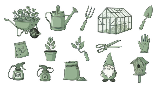 Gardening tools and garden gnome figurine.