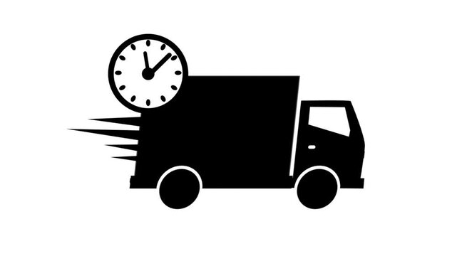 A black silhouette delivery van with a clock moves quickly across a white background with speed lines