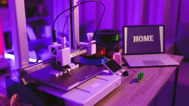 A 3D printer is actively creating white plastic objects on its build plate, illuminated by purple ambient light