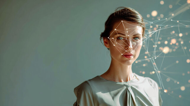 Young woman facial scan interface technology, calm expression, digital mapping, futuristic style