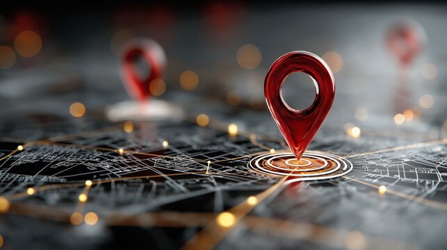 Red location pin on digital map with network connection showing navigation tracking technology and global positioning system concept