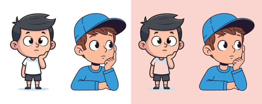 Four identical cartoon boy illustrations with thinking poses on different backgrounds