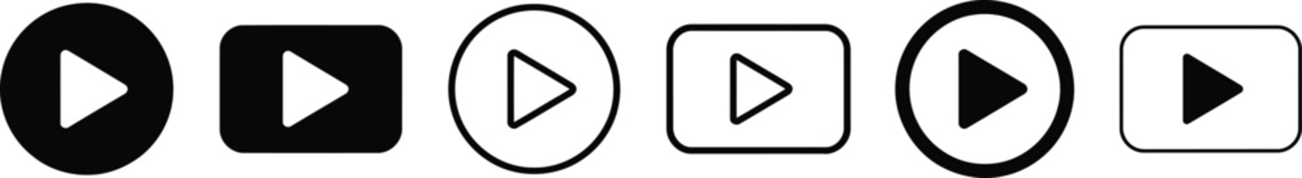 Play button icon set. Media start symbols for video, audio and web players. Vector illustration of playback icons for streaming, and digital media interface design