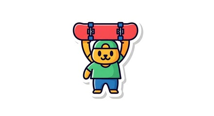 Fototapeta premium Cartoon Skateboarder: An illustrated character, a cheerful bear cub, stands with a skateboard held above its head, personifying playful youth and an active, fun-loving lifestyle.