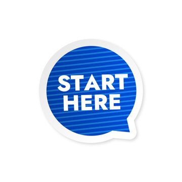 Blue vector banner with text start here sticker flat style