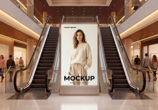 Mall escalator lightbox poster mockup with modern interior