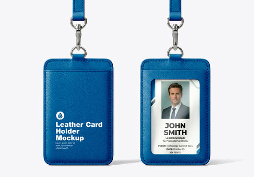 Blank ID card holder mockup with lanyard front and back view