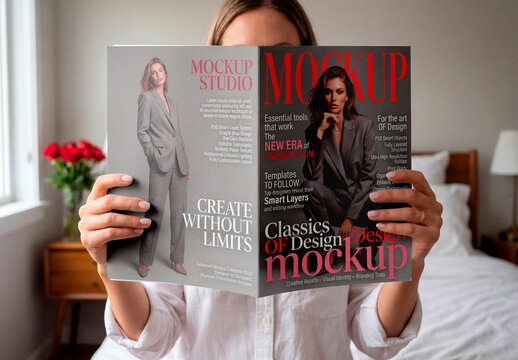 Woman holding open blank magazine mockup in bright bedroom interior