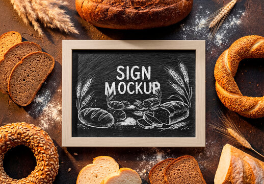 Bakery bread assortment with blank chalkboard sign mockup on rustic table