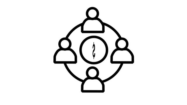 Creative animation of four people connected in a circle around a currency symbol, representing crowdfunding, joint venture, and financial collaboration.