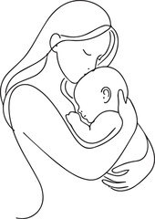 Obraz premium Mother Gently Holding and Comforting Her Newborn Baby Profile Line Art