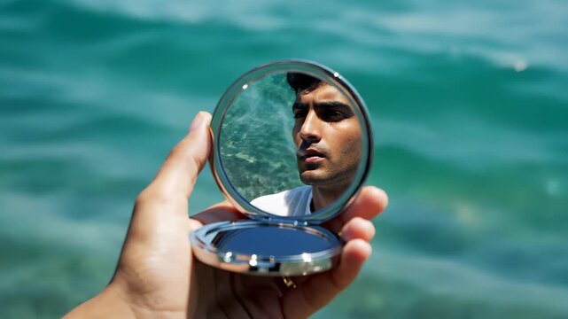 Man smoking reflected in mirror by water. Calm atmosphere captures moment of reflection and contemplation. This serene scene showcases beauty of nature and personal connection.