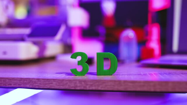 Green 3D letters stand on a wooden surface with a blurred background of a 3D printer and neon lights
