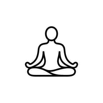 Meditation yoga icon, simple black line drawing of person sitting in lotus position