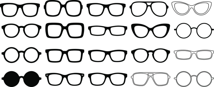 Glasses icon set. Sunglasses and eyeglasses collection in silhouette style. Vector illustration of eyewear models in various shapes isolated on white background for fashion design