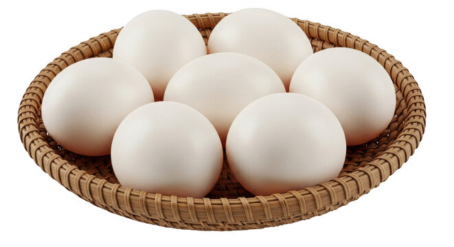 Six white eggs neatly arranged in a woven basket