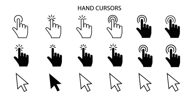 Collection of different cursor icons for digital interfaces, highlighting hand pointers and arrow cursors for user interaction and navigation