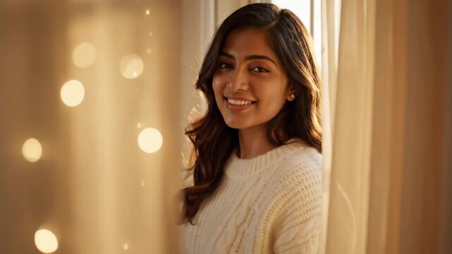 Young woman in warm sweater looking back through sheer curtains