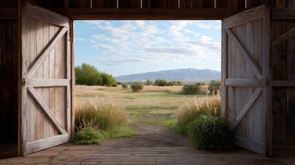 Naklejka premium Open barn doors framing meadow and distant mountains