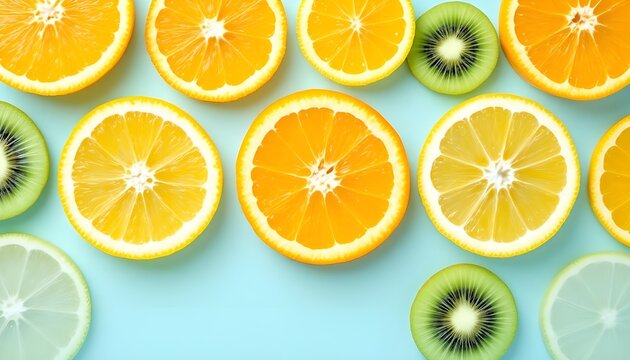 Vibrant pattern of sliced oranges lemons and kiwis scattered across a light blue background creating a refreshing summer citrus fruit concept.