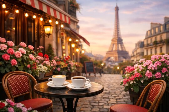 Paris Caf&eacute; With Coffee Cups and Eiffel Tower at Romantic Sunset