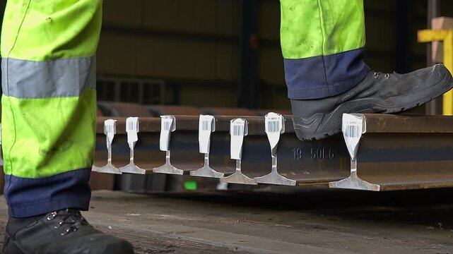 Factory worker checking quality of metal steel rails
