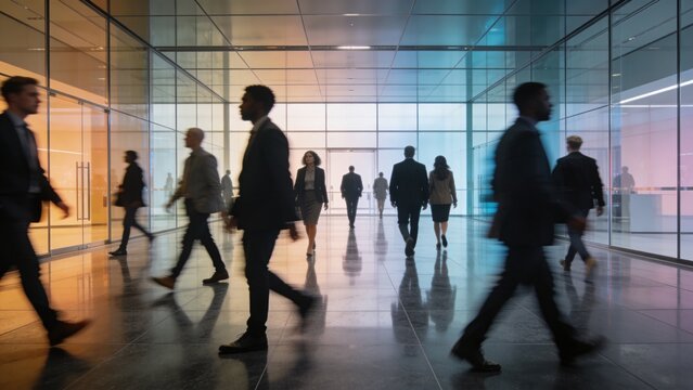 Dynamic movement of diverse pedestrians traversing a contemporary glass facade commercial entryway