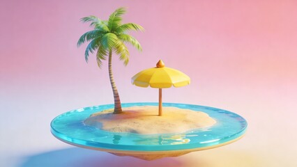Obraz premium Minimalist miniature island scene with lush flora and bright parasol for summer concept design