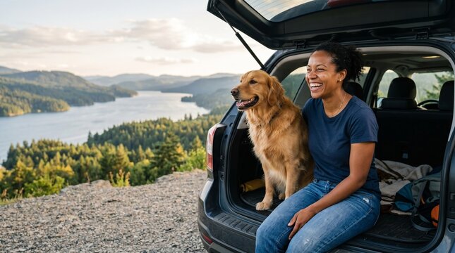 Happy Black woman and her golden retriever sitting in car trunk at scenic lake overlook