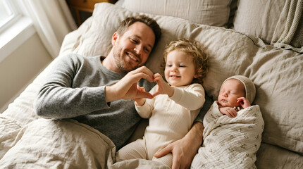 Obraz premium Candid Family Moments: A loving father shares a tender moment with his two children, creating a heart shape with their hands, embracing the warmth of family and tenderness.