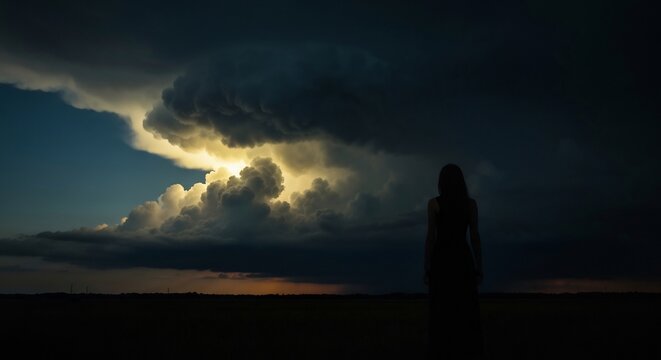 silhouette of woman standing alone on field during dramatic sunset with stormy clouds
