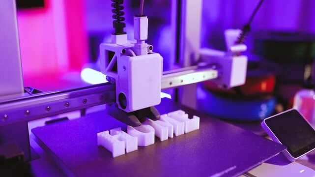 A 3D printer is actively creating white plastic letters on a dark textured surface under purple lighting