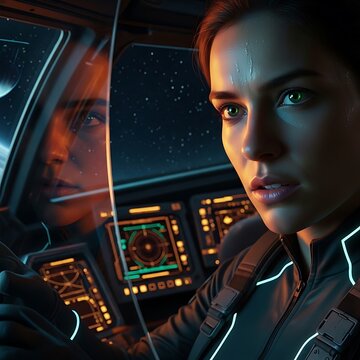 Woman Pilot Navigating Spaceship Cockpit Through Starry Night Sky.