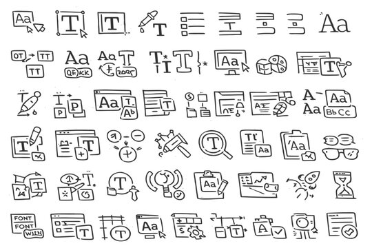 Hand-drawn typography icons and tools for text editing and design.