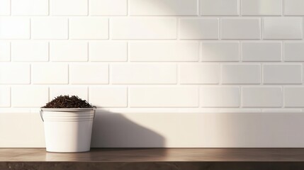 Fototapeta premium compost bucket on counter with soil, bright minimalist kitchen with white subway tile backdrop, wooden surface and soft morning light, ample copy space for text, indoor gardening and sustainable
