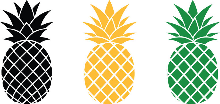 Colorful pineapple clipart set, black, yellow, and green tropical fruit graphics