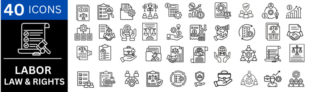 Labor law and rights icons set. representing rights advocacy, poverty reduction, accessibility standard, childcare subsidy, disaster relief, minimum wage, pension scheme, labor rights. vector set