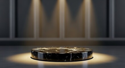Fototapeta premium Golden chocolate coin on reflective black surface with warm spotlight