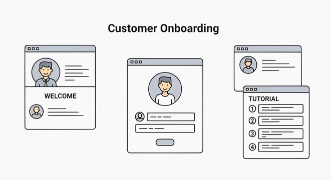 A customer onboarding process illustrated through three mobile screens showing welcome, profile, and tutorial steps.