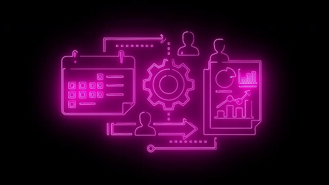 Neon pink flowchart diagram with gear and user icons on a black background