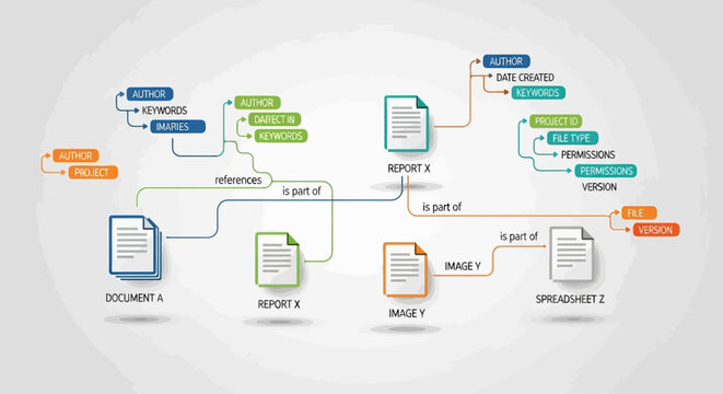 Diagram illustrating a complex document and data flow process with multiple interconnected files and formats.