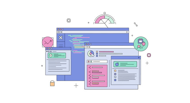 Illustration of computer screens displaying code and user interface elements for software development.
