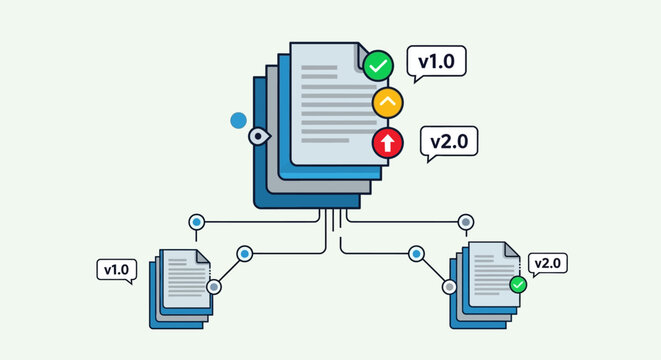 Conceptual illustration of document version control and file synchronization process.