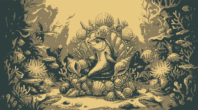 Sardine vector king fish on shell throne underwater illustration