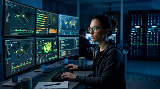 Analyst monitoring multiple security screens in dark room