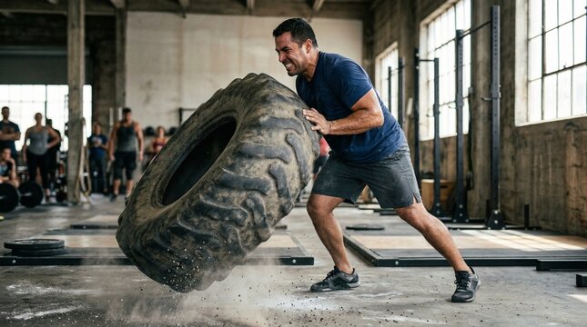 Strong man flipping heavy tractor tire during intense workout in industrial gym