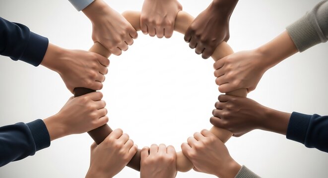 Diverse hands clasped in a circle, symbolizing unity and teamwork