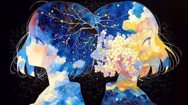 春の揺蕩う心。女の子。イラスト。水彩画。可愛い。