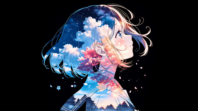 春の揺蕩う心。女の子。イラスト。水彩画。可愛い。