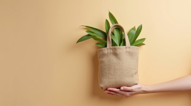 Mano con u&ntilde;as visibles y un sutil hueso de la mu&ntilde;eca, sosteniendo una bolsa reutilizable hecha de tejido